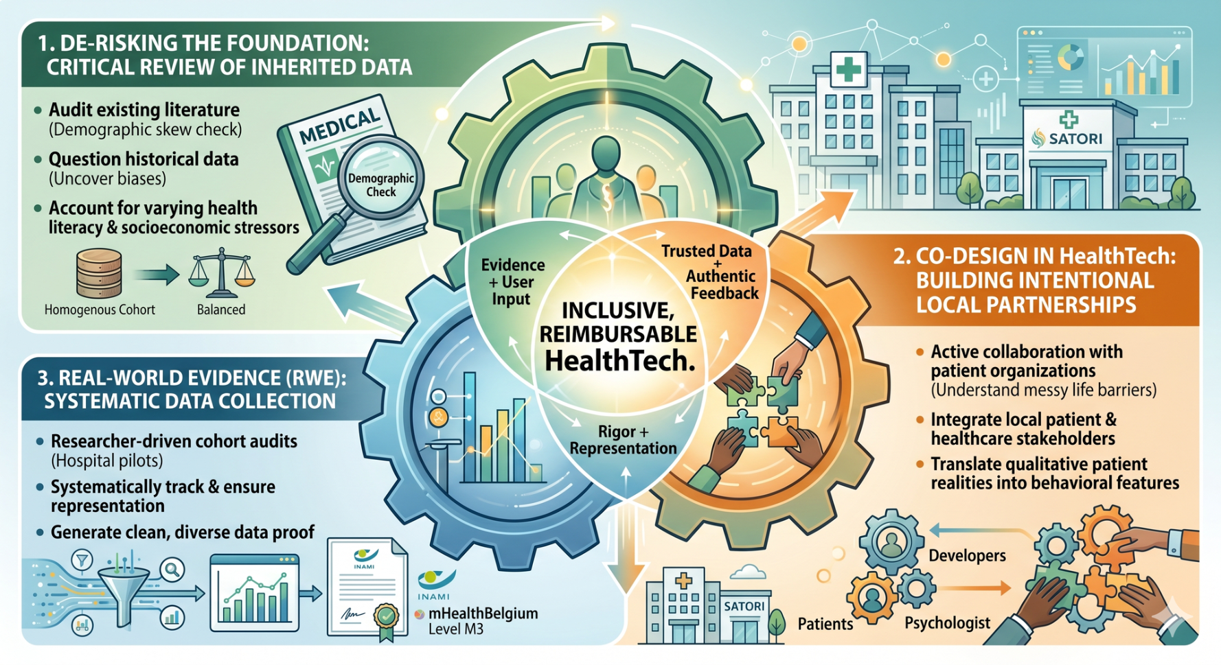 Infographic framework for mHealthBelgium Level M3 validation and INAMI reimbursement. Shows the intersection of critical review of inherited data, local co-design in HealthTech, and systematic Real-World Evidence (RWE) collection to build inclusive digital health solutions.
